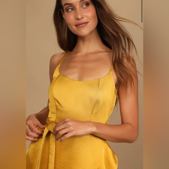 Lulus Glamorous Lifestyle Mustard Yellow Satin Faux-Wrap Mini Dress NWT - Picture 2 of 9